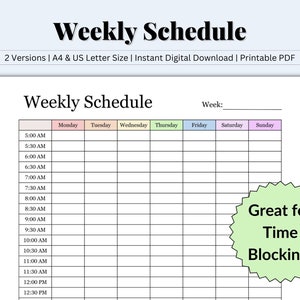 Half Hour Weekly Planner, Days of the Week, Hour by Hour Planner, 24 Hour Planner, Weekly Planner Printable, 30 Minute Weekly, US Letter/A4