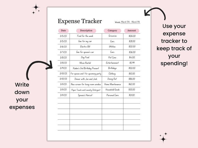 Expense Log, Weekly Expense Tracker, Income and Expense, Budgeting ...