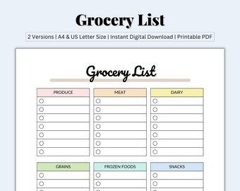 Simple Grocery List, Grocery Shopping List, Master Grocery List, Blank Grocery List, Food Checklist, Healthy Meals, Printable PDF, US Letter