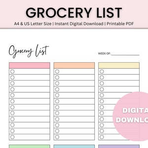 Grocery List, Grocery List Template, Printable Grocery List, Food Shopping List, Food List PDF, Grocery Checklist, US Letter, A4