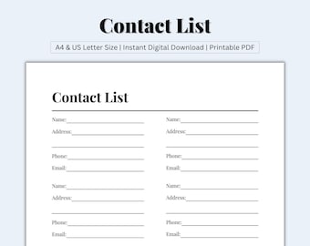 Lista de contactos imprimible, plantilla de información de contacto, libreta de direcciones imprimible, información de contacto del cliente, información de contacto, PDF, carta de EE. UU./A4