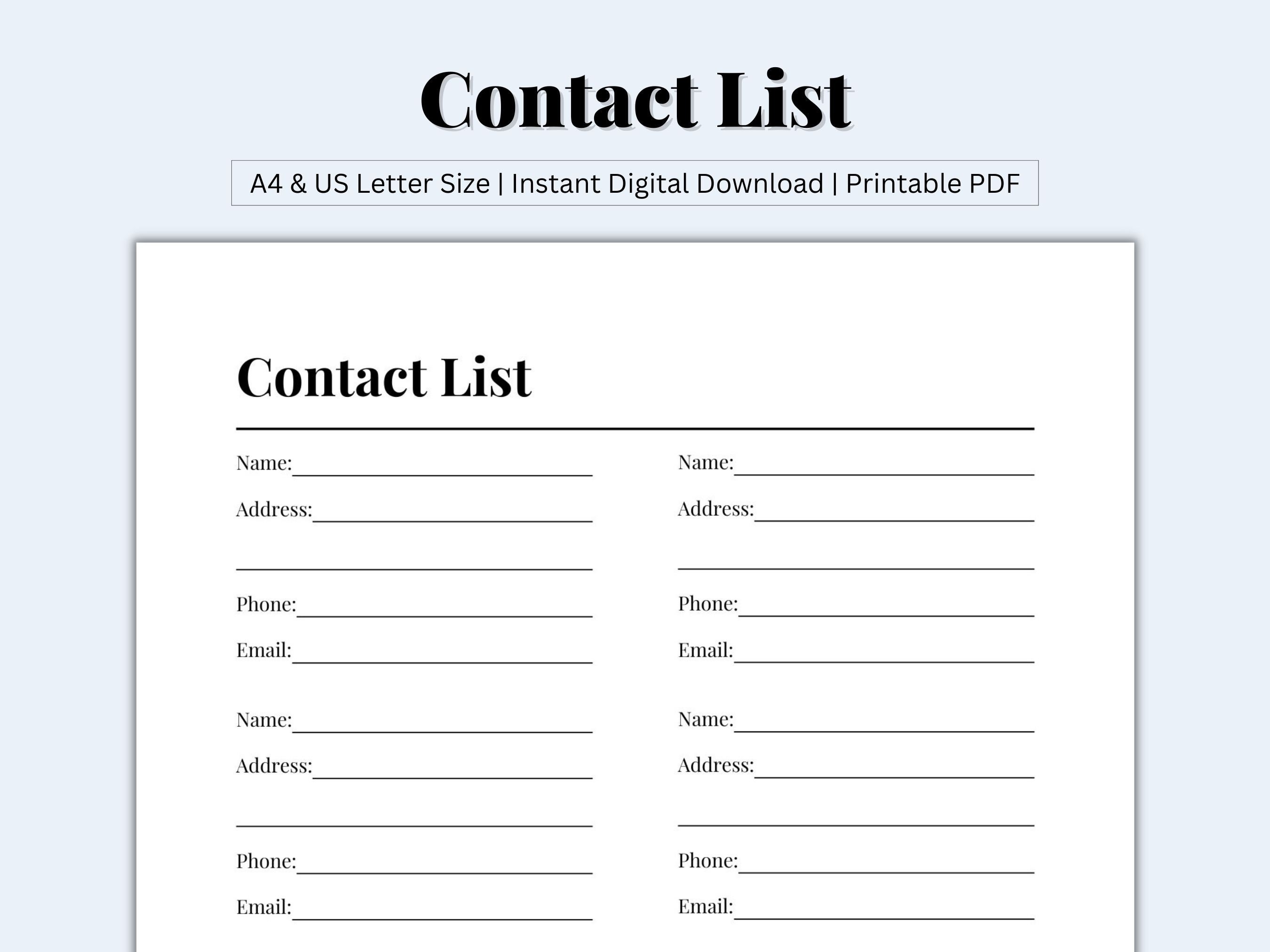 Contacts Pdf File Contact List Printable, Contact Information Template, Address Book ...
