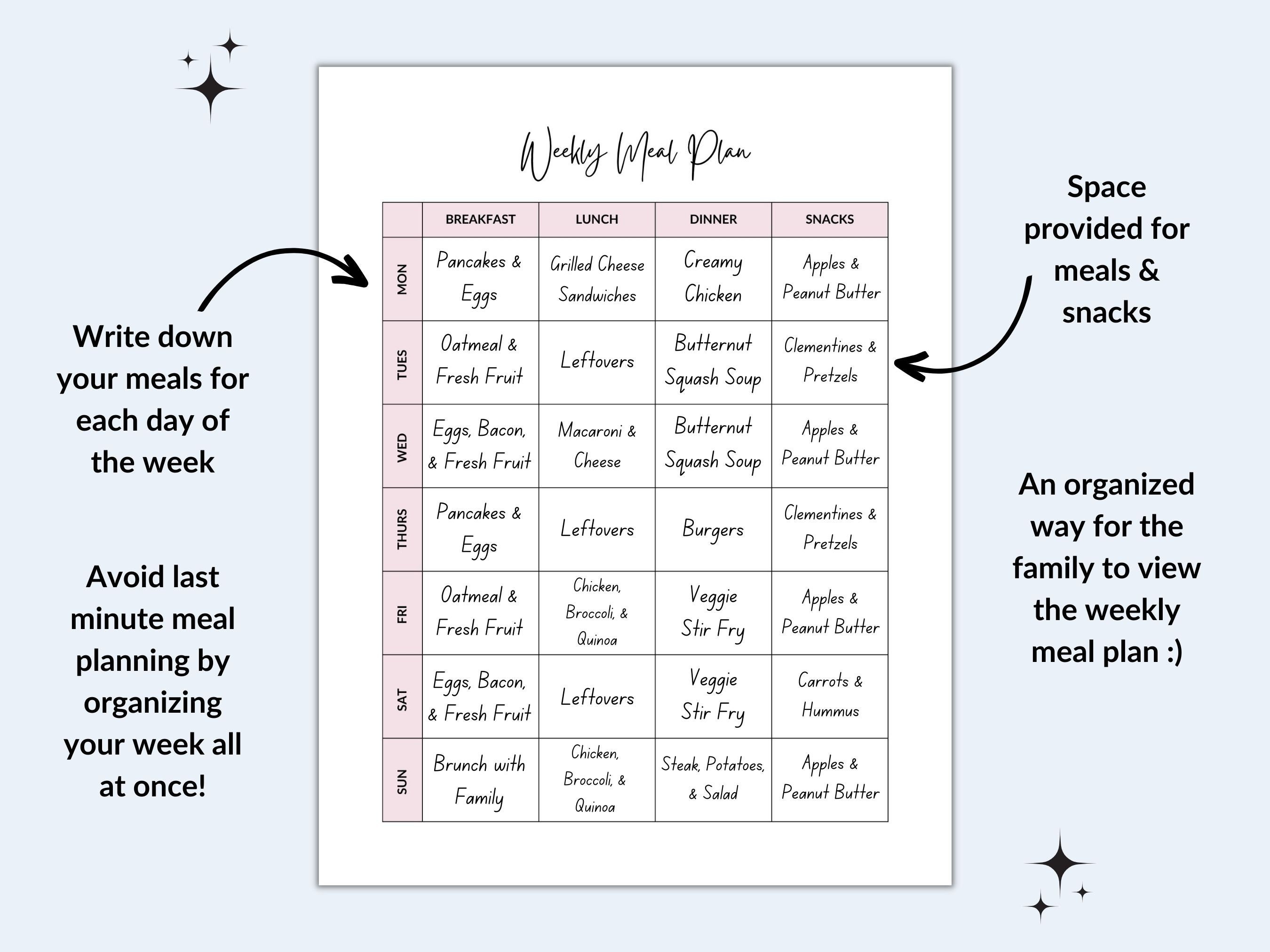 Weekly Meal Planner Printable, Meal Planner for the Week, 7 Day Menu ...