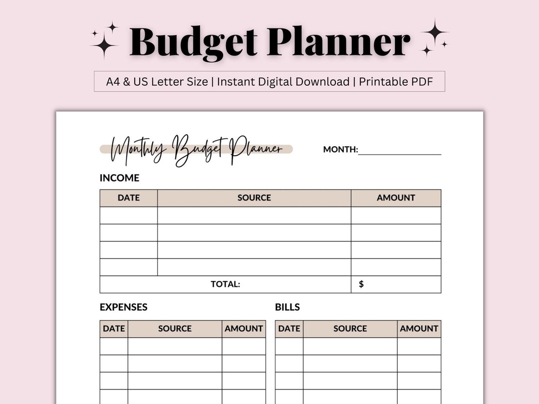 Printable Monthly Budget, Paycheck Budget Planner, Income and Expense ...