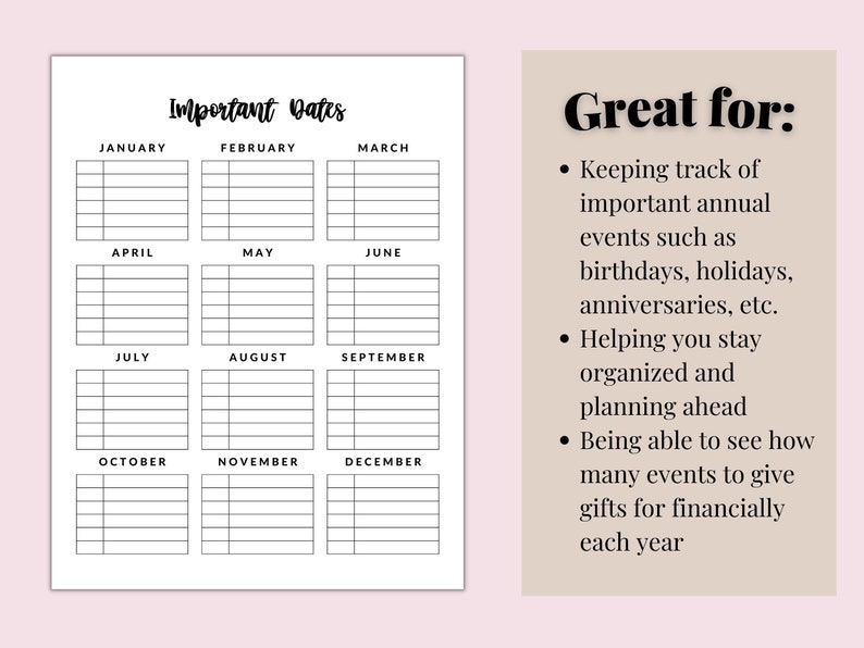 Important Dates Printable, Important Dates Tracker, Monthly Planner ...