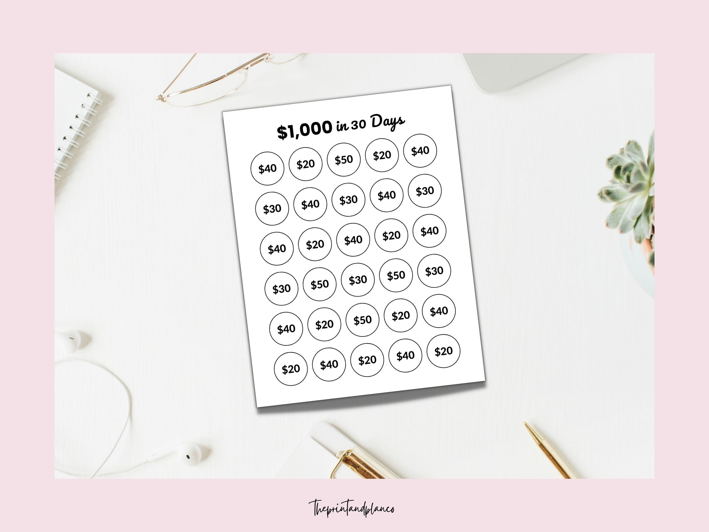 1000 Savings Challenge Printable, 1000 Dollars in 30 Days, Money ...