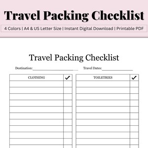 Travel Checklist, Travel To Do List, Packing Checklist, Packing List Template, Vacation Packing List, Carry On Packing List, US Letter/A4