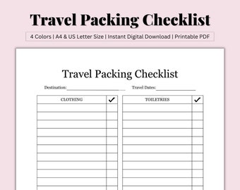 May include: A printable travel packing checklist with the title "Travel Packing Checklist" in a bold, elegant font. The checklist includes sections for clothing and toiletries, with space to fill in destination and travel dates.