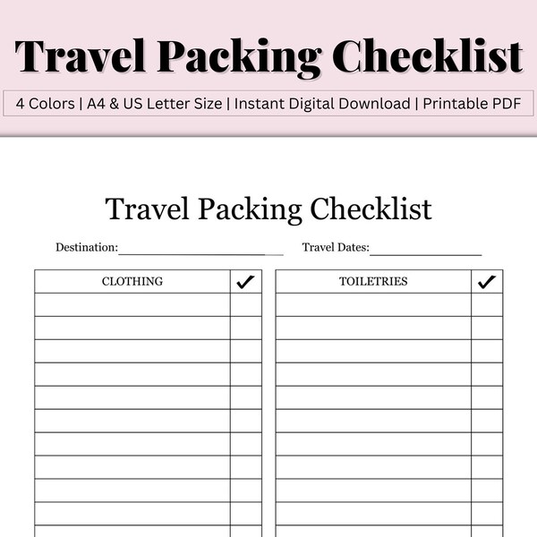 Travel Checklist, Travel To Do List, Packing Checklist, Packing List Template, Vacation Packing List, Carry On Packing List, US Letter/A4