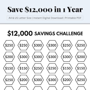12000 Savings Challenge, 12k in 52 Weeks, Money Challenge, Save 12000 Dollars, 52 Weeks Saving Challenge, 12k in a Year, Printable PDF
