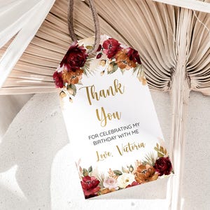 Editable Birthday Thank You Tag Template, Fall Floral Burnt Orange Gift Tag, Printable Birthday Favor Label, Digital Download 32