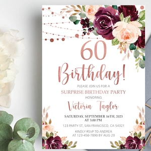Einladung zum 60. Geburtstag für Frauen, Blumen-Überraschungs-Geburtstagsparty-Einladung, bearbeitbare Vorlage für jedes Alter, digital druckbarer SOFORT-DOWNLOAD a19