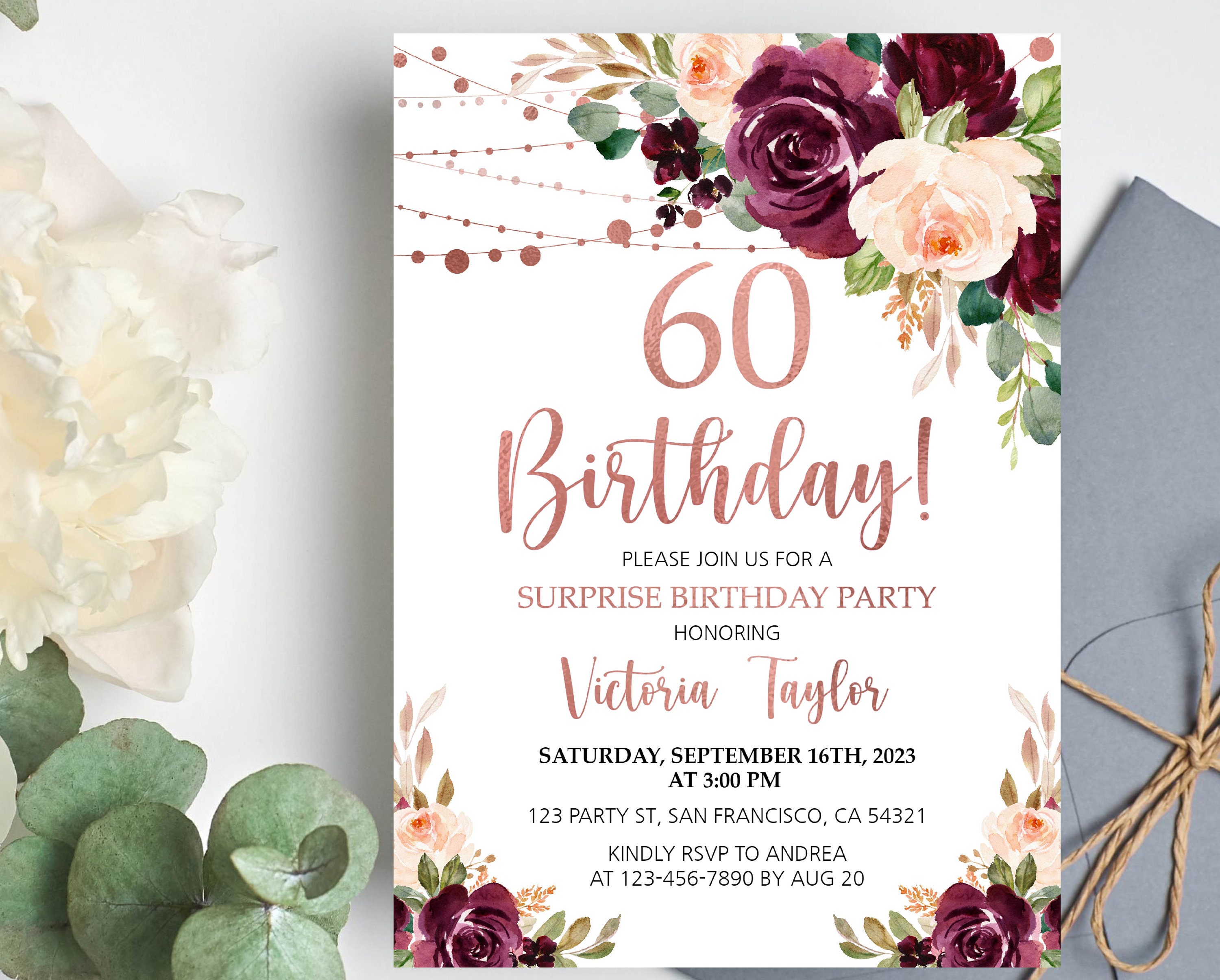 60th Birthday Invitation for Women, Floral Surprise Birthday Party