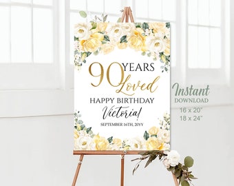 90 lat kochane urodziny znak powitalny, żółte róże urodziny plakat powitalny, 90. dekoracje urodzinowe do druku cyfrowego 32