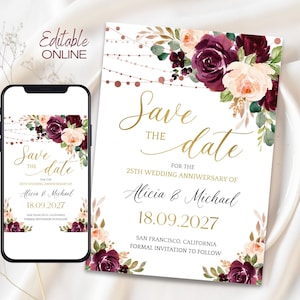 May include: Save the date card with a floral design featuring burgundy and peach roses, greenery, and gold accents. The text reads "Save the date for the 25th Wedding Anniversary of Alicia & Michael 18.09.2027 San Francisco, California Formal Invitation to Follow."
