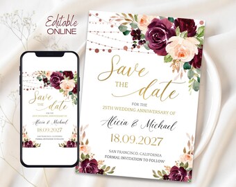 Editable Save the Date Wedding anniversary invitation, Burgundy Floral Vow Renewal Invite, Digital Download a19