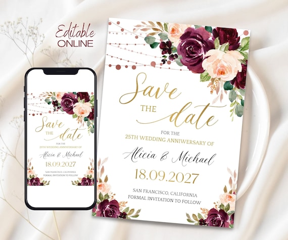 Editable Save the Date Wedding anniversary invitation, Burgundy Floral Vow Renewal Invite, Digital Download a19