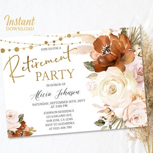 Retirement Party invitation for women, Burnt Orange and White Boho Floral Invite Editable Template, Digital Printable INSTANT DOWNLOAD a32