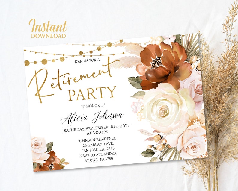 Retirement Party Invitation for Women, Burnt Orange and White Boho ...