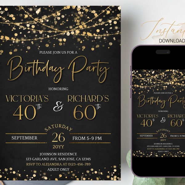 Invitation d’anniversaire commune pour adultes Fête d’anniversaire combinée Double invitation à une fête N’importe quel âge Fête d’anniversaire commune Editable Invite DIY Evite a25