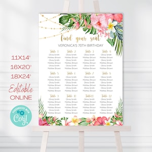 Puede incluir: Plano de asientos con temática tropical con un diseño floral y detalles dorados. El gráfico está titulado "Encuentra tu asiento" y "70 cumpleaños de Verónica". El gráfico enumera los números de mesa y los nombres de los invitados. El gráfico está disponible en tres tamaños: 28x36 cm, 41x51 cm y 46x61 cm.