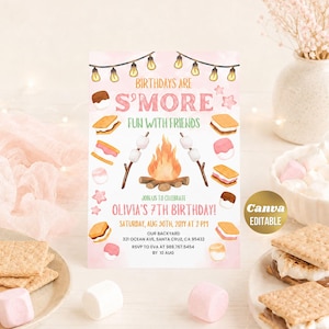 May include: A birthday invitation card featuring a campfire, marshmallows on sticks, and s'mores illustrations. The text reads: BIRTHDAYS ARE S'MORE FUN WITH FRIENDS, JOIN US TO CELEBRATE OLIVIA'S 7TH BIRTHDAY, SATURDAY, AUG 30TH, 20YY AT 2 PM.