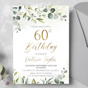 Editable 60th birthday invitation for women, Birthday Party Invite Digital Template, Any Age Greenery Gold birthday invitation Printable a26