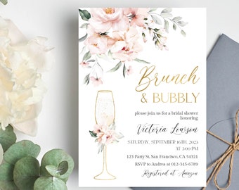 Brunch and bubbly bridal shower invitations, champagne bridal shower invite, blush pink floral spring bridal shower, Invite template a18