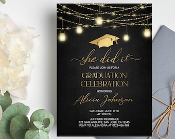 She Did It Graduation Invitation Template, Printable Graduation Party Invitation, Editable Graduation Party Invitation Digital Download a14