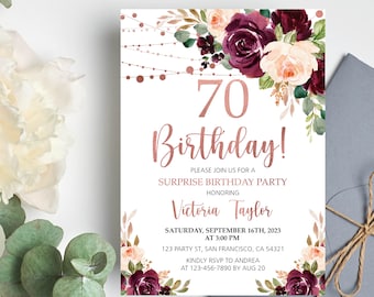 Editable 70th Birthday invitation for women, Floral Surprise Birthday Party Invite Digital Template, Any Age, Printable Instant Download a19