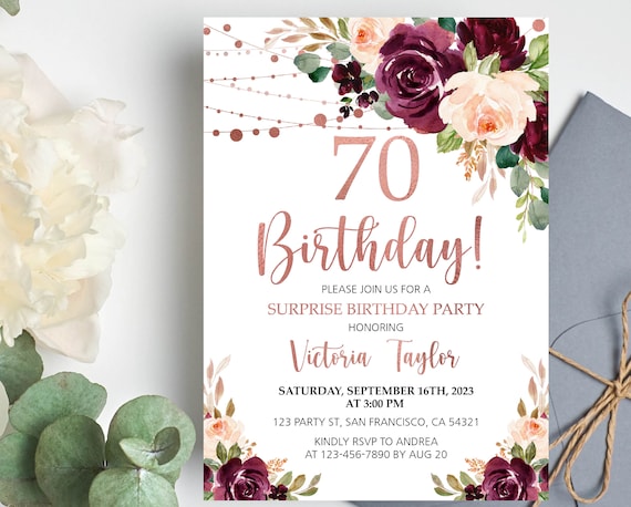Editable 70th Birthday invitation for women, Floral Surprise Birthday Party Invite Digital Template, Any Age, Printable Instant Download a19