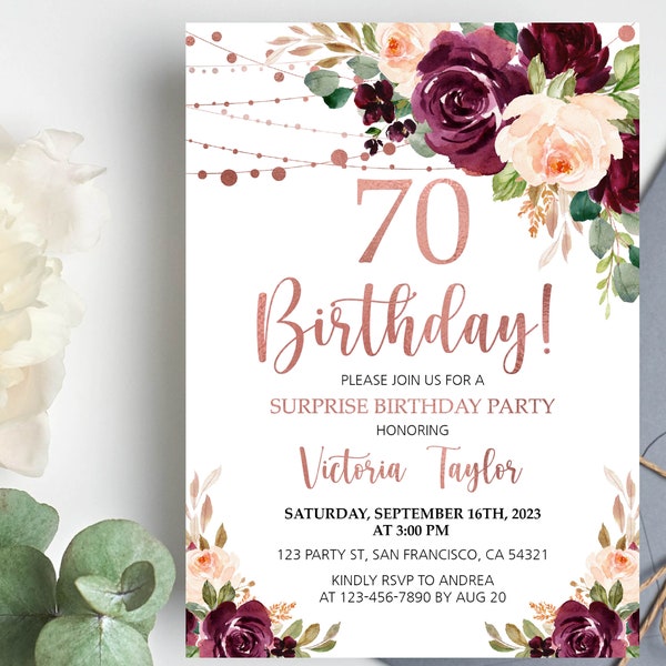 Editable 70th Birthday invitation for women, Floral Surprise Birthday Party Invite Digital Template, Any Age, Printable Instant Download a19