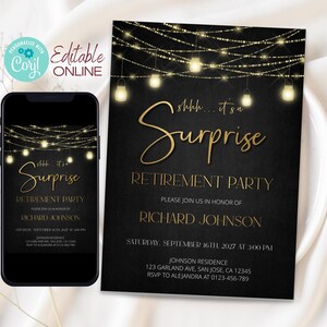 Editable Surprise Retirement Party Invitation Template, Retirement Dinner | Printable Modern, Elegant Black and Gold, DIY Evite a25 image 2