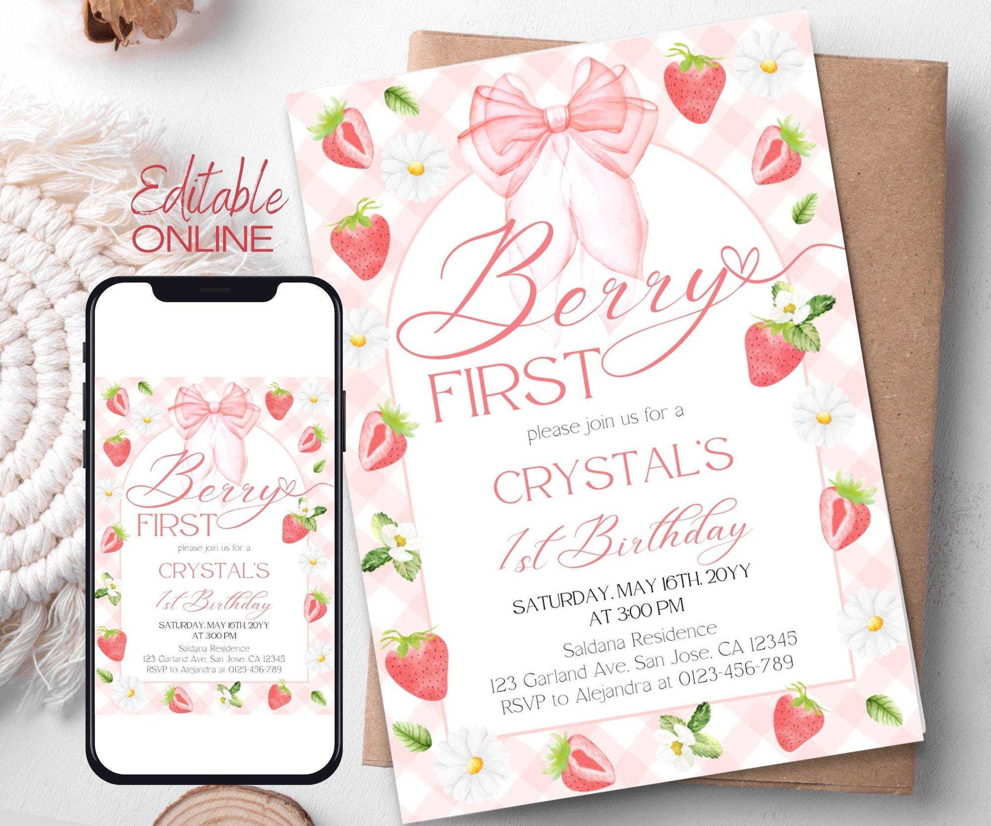 Pink Bow Berry First Birthday Invitation Daisy Strawberry 1st Birthday ...