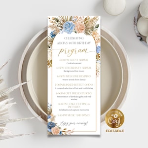 May include: A rectangular program for Alicia's 70th birthday, featuring a floral design with blue and peach flowers. The program includes the event schedule, with times for guest arrival, dinner, and music. The program is surrounded by a white and beige background.