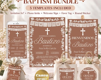 Bundle de baptême espagnol, Terre cuite Cielito Lindo Papel Picado, 5 modèles Canva modifiables