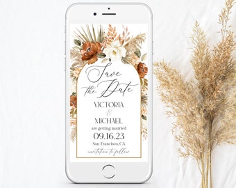 Save the date wedding invitation digital template, Boho Wedding Save the Date text invitation, Burnt Orange Flowers Editable Invitation a19