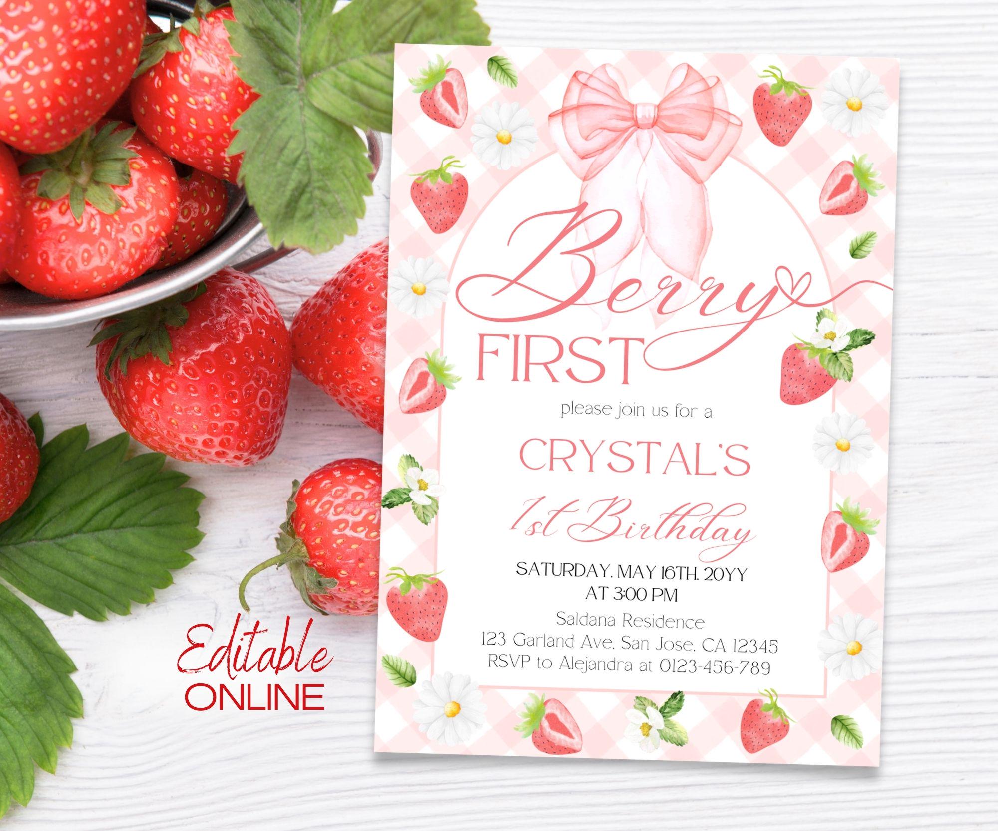 Pink Bow Berry First Birthday Invitation Daisy Strawberry 1st Birthday ...