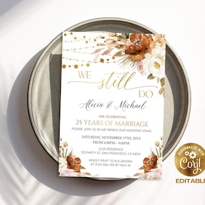 Editable We Still Do Invitation Template, Burnt Orange Floral Vow Renewal Invite, Fall Wedding Anniversary, We Still Do Invite 32