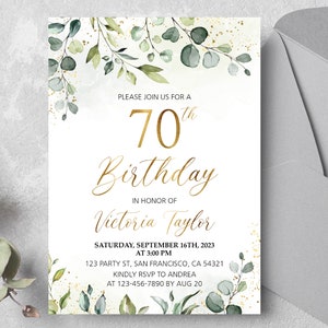 Editable 70th birthday invitation for women, Birthday Party Invite Digital Template, Any Age Greenery Gold birthday invitation Printable a26