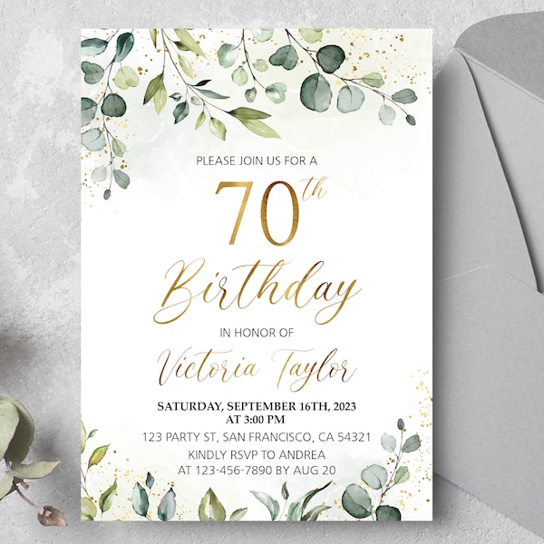 Editable 70th birthday invitation for women, Birthday Party Invite Digital Template, Any Age Greenery Gold birthday invitation Printable a26