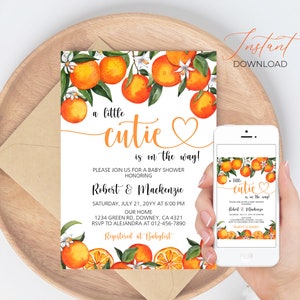 Editable A Little Cutie is on the Way Greenery Orange Gender Neutral Couples Baby Shower Invitation Instant Download Digital Template a27