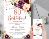 Editable 80th Birthday invitation for women Any Age Rose Gold Floral Surprise Birthday Party Invite Digital Template Instant Download a19
