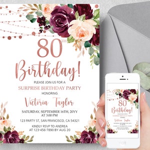 Bearbeitbare Einladung zum 80. Geburtstag für Frauen jeden Alters, Roségold, Blumen-Überraschungs-Geburtstagsparty-Einladung, digitale Vorlage, sofortiger Download a19