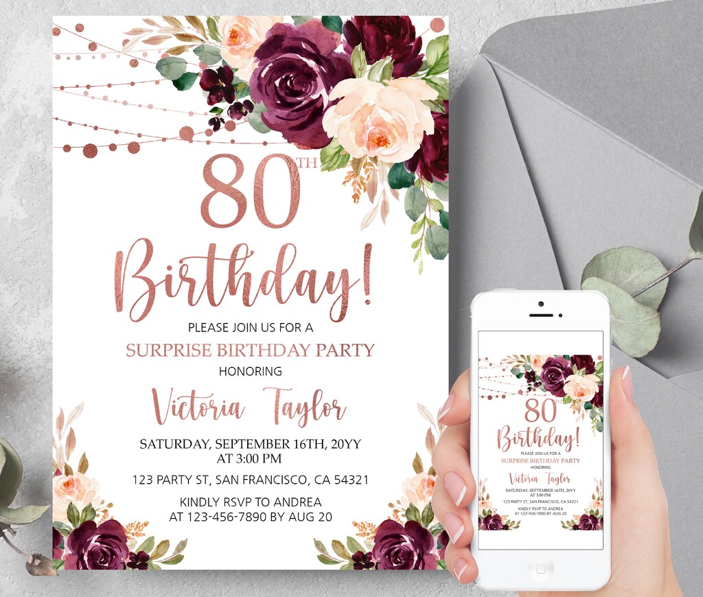 Sottobicchiere Quadrato Lucido Con Scritta Happy 80th Birthday E Fiori – Regalo Simpatico Per Compleanno