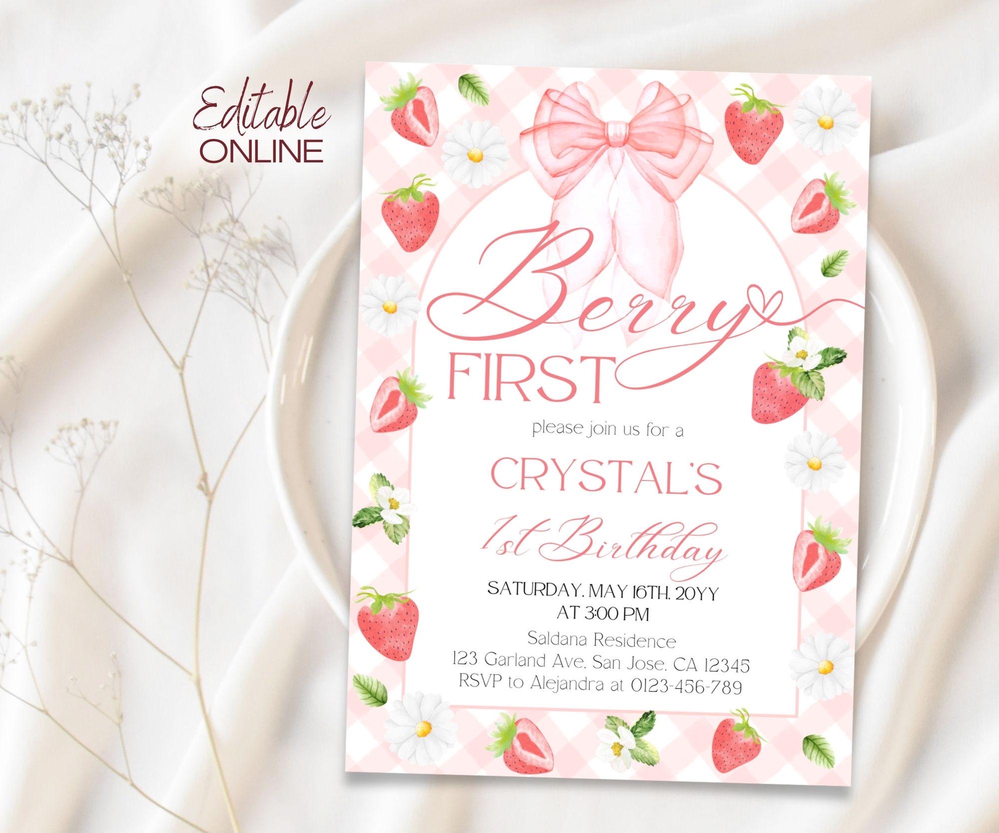 Pink Bow Berry First Birthday Invitation Daisy Strawberry 1st Birthday ...