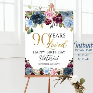 90 Jahre geliebtes Geburtstagsparty-Willkommensschild, blaues Blumen-Geburtstagsparty-Willkommensposter, 90. Geburtstagsparty-Dekorationen, digital bedruckbar, a40