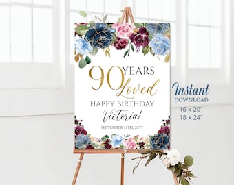 90 lat ukochanych urodzinowych znak powitalny, niebieski kwiatowy plakat powitalny urodzinowy, 90. dekoracje urodzinowe do druku cyfrowego a40