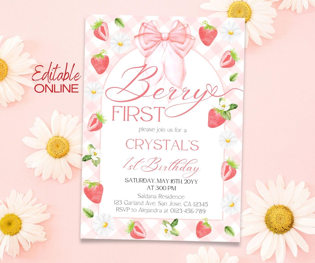 Pink Bow Berry First Birthday Invitation Daisy Strawberry 1st Birthday ...