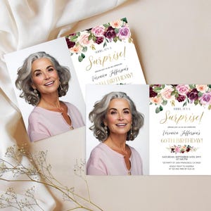 Editable 60th Birthday Photo invitation for women, Surprise Birthday Party Invite Digital Template, Floral, Gold, Any Age, Printable a19